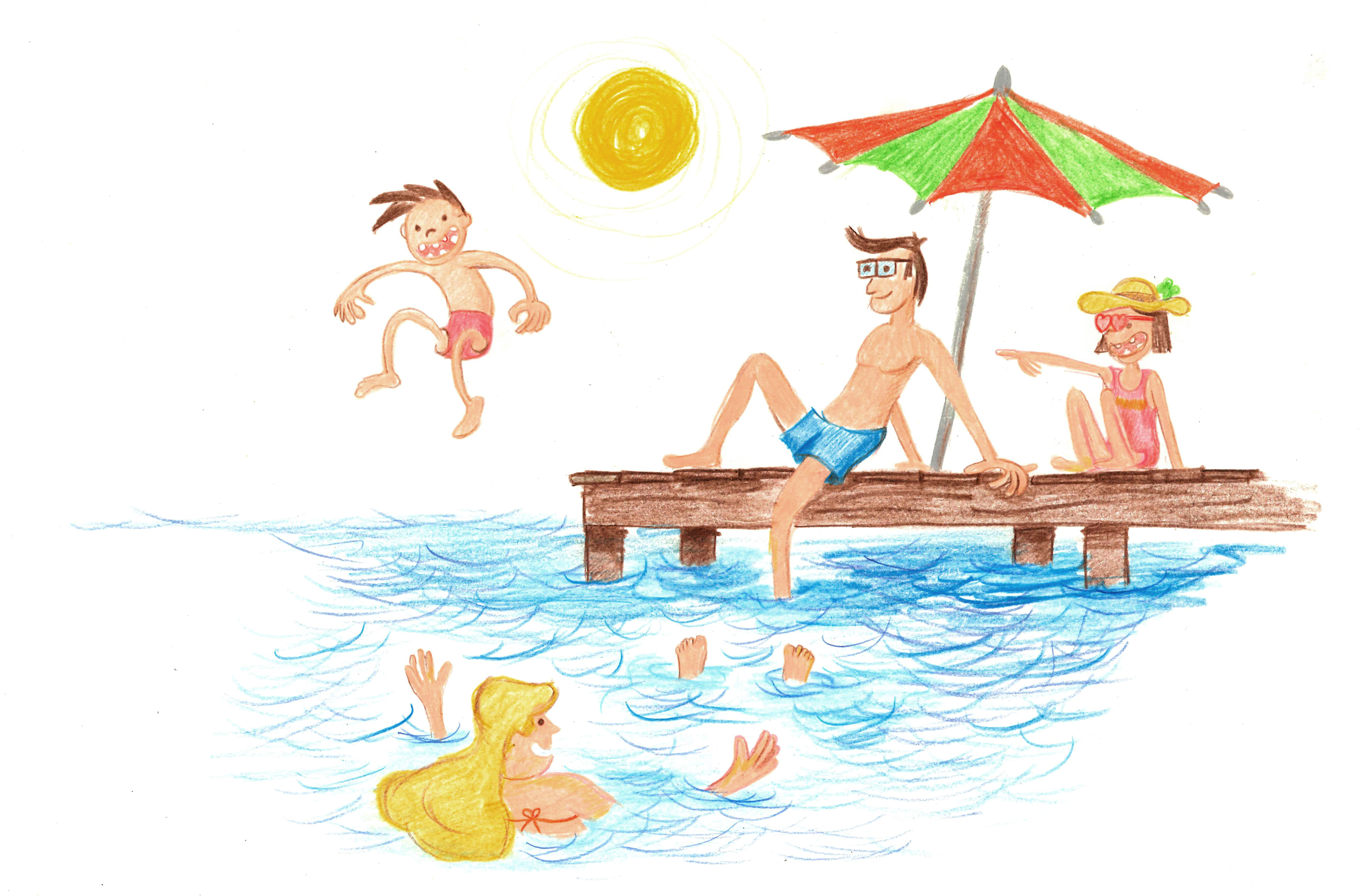 Die Familie badet – Illustration Wir Lesen Familie Kinderfreunde Oberösterreich © Martin Bruner Sombrero Design