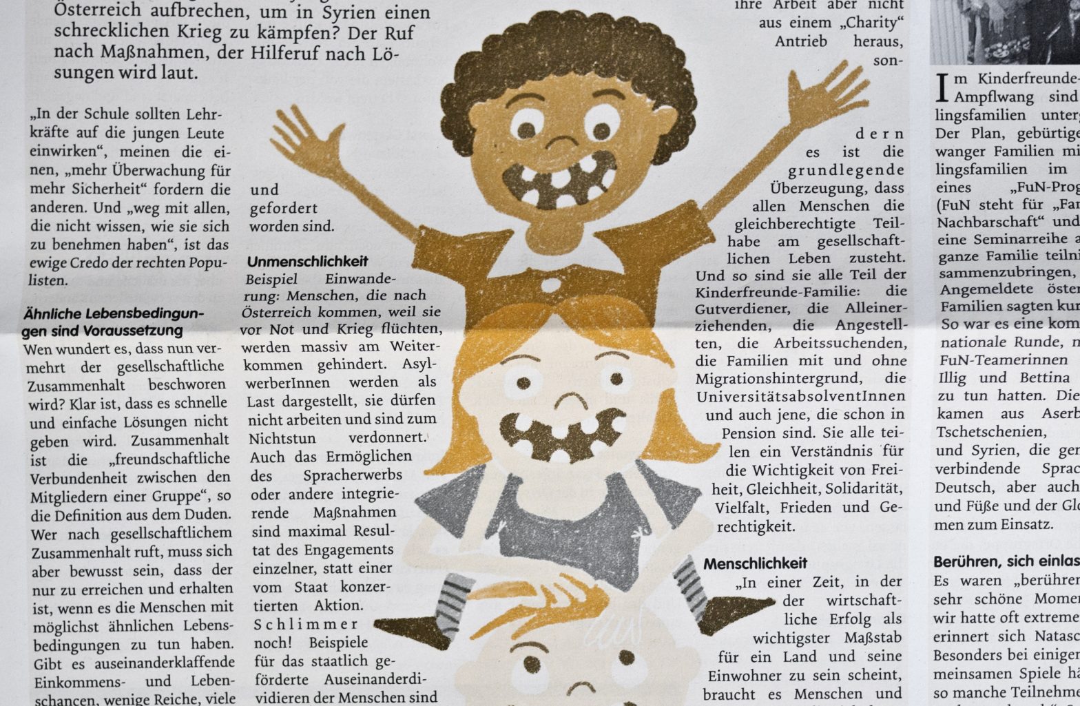 Kinderturm – Zeitungs Illustration Kinderfreunde Oberösterreich © Martin Bruner Sombrero Design